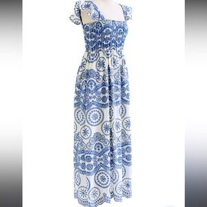 NWOT blue and white medium embroidered smocked midi dress
